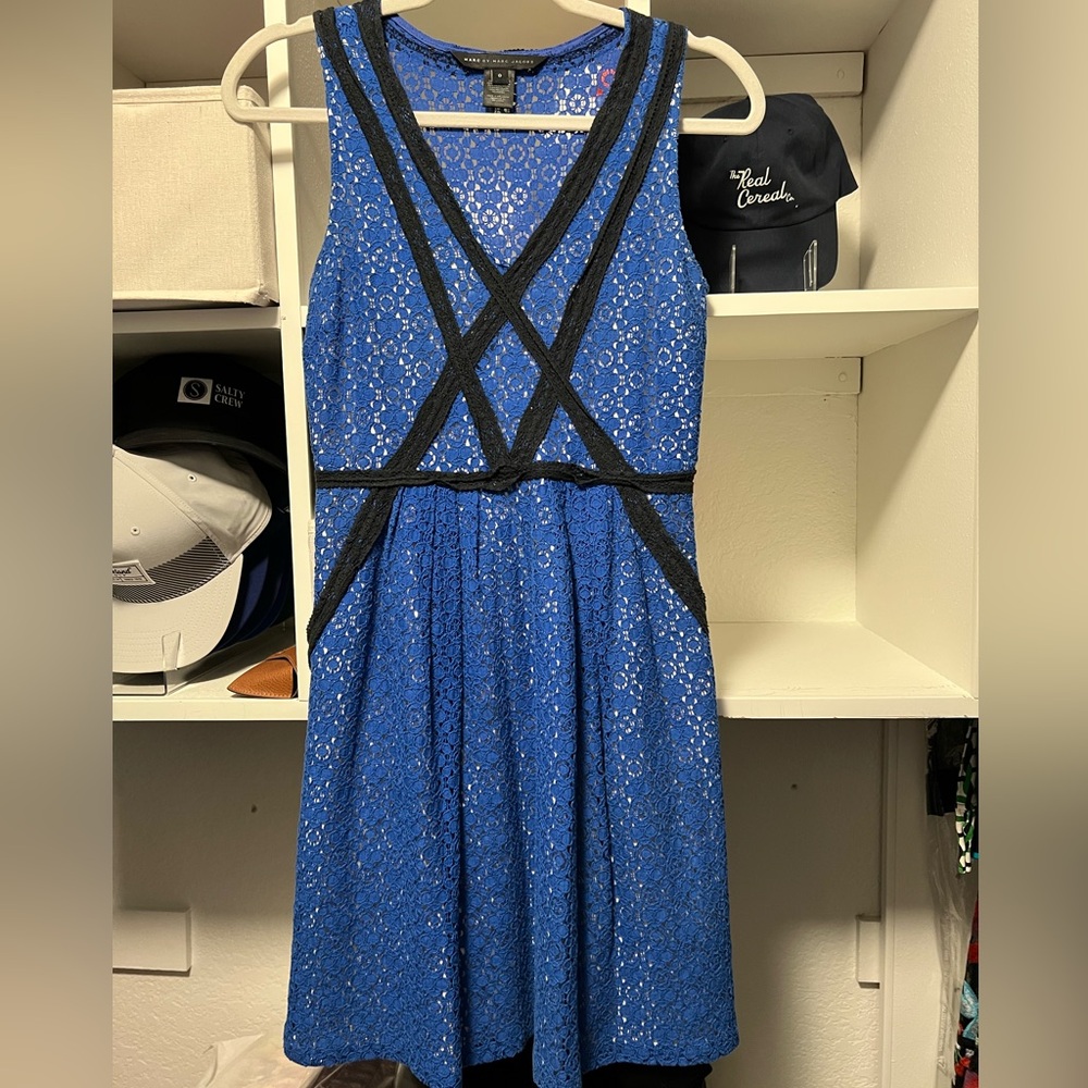 Blue Lace Sleeveless Dress with Black Trim